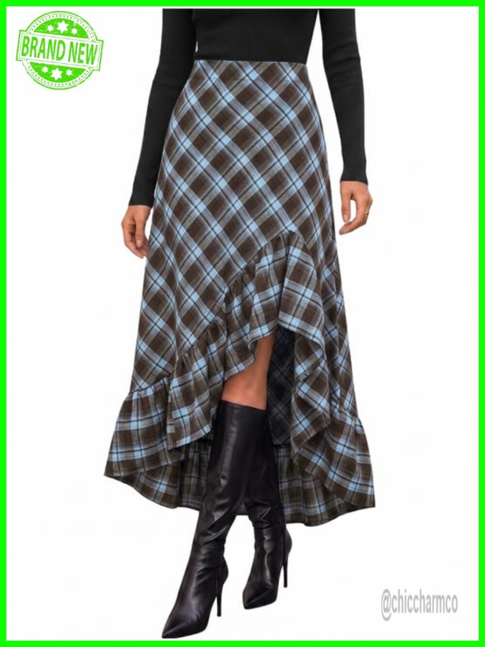 Womens Plaid Maxi Skirt Asymmetrical Ruffle High Low Split A-Line